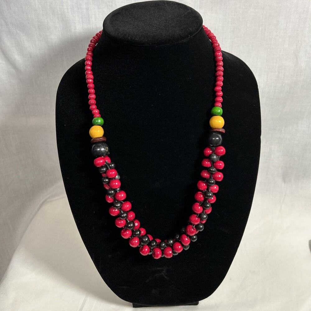 Vintage Red & Black W/ Yellow & Green Graduated Wooden Bead Boho Necklace